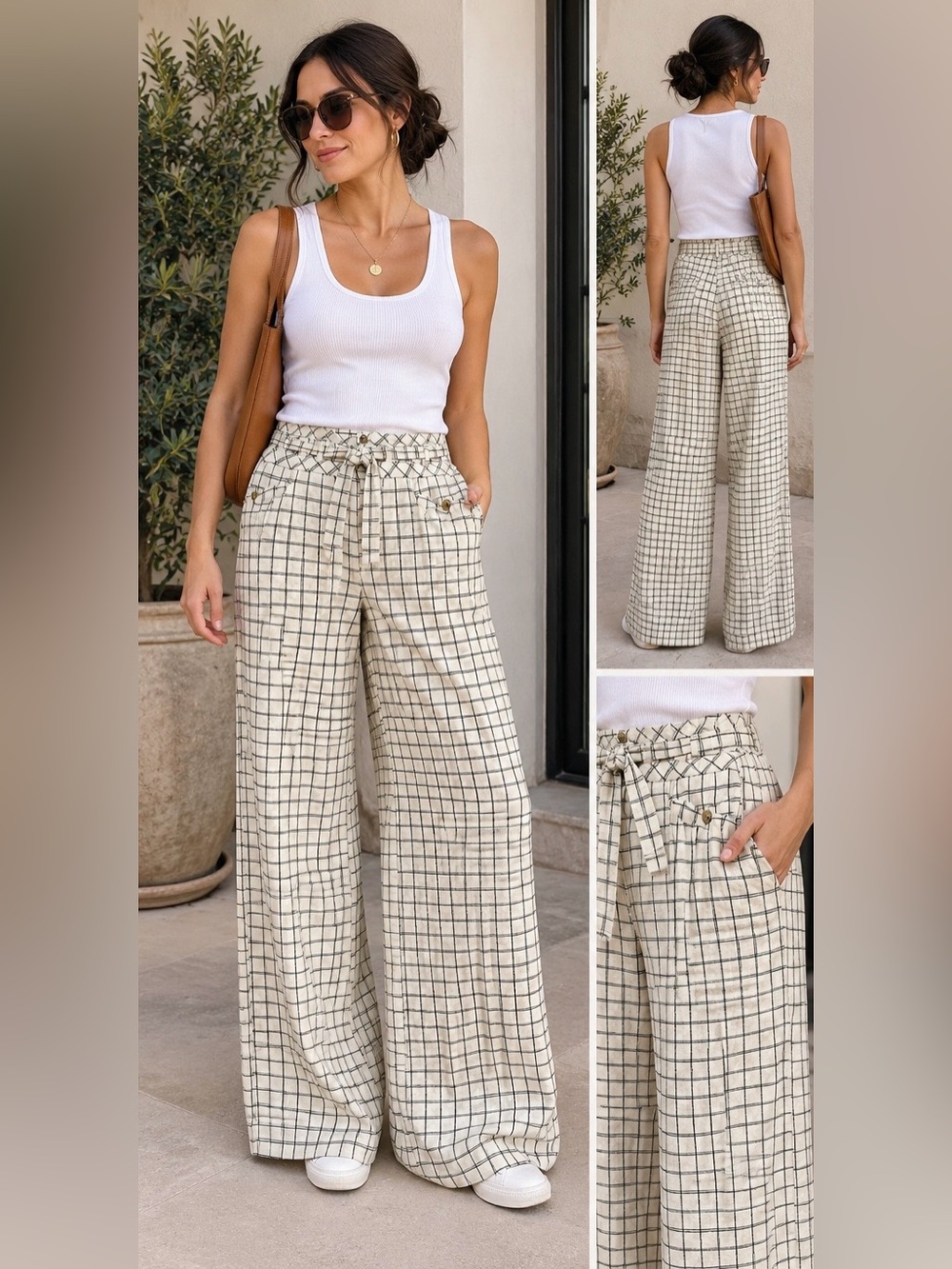 By Anthropologie Windowpane Linen Blend Wide Leg High Rise Relaxed Pants Sz 10